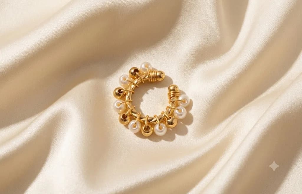 Earcuff decorado con perlas blancas y balin dorado sencilla, vista principal