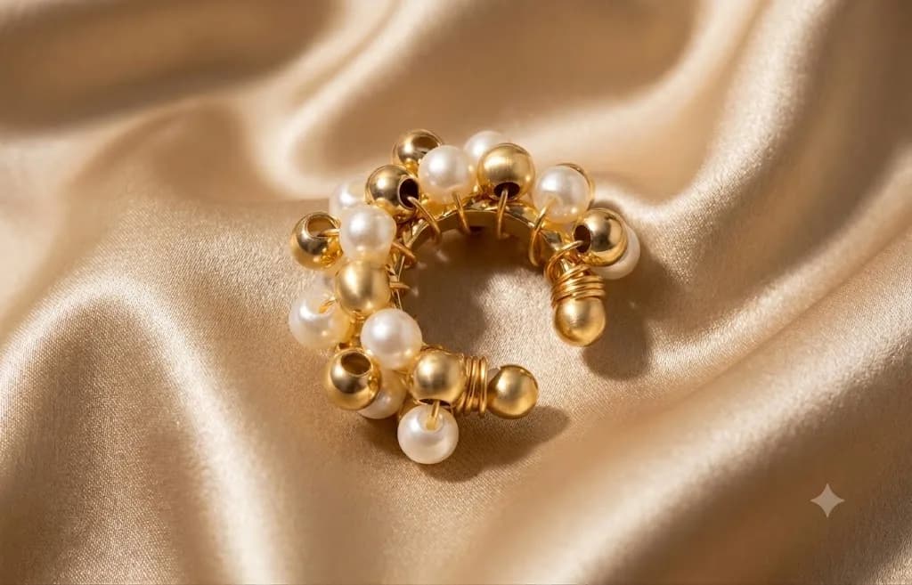 Earcuff decorado con perlas blancas y balin dorado triple, vista principal