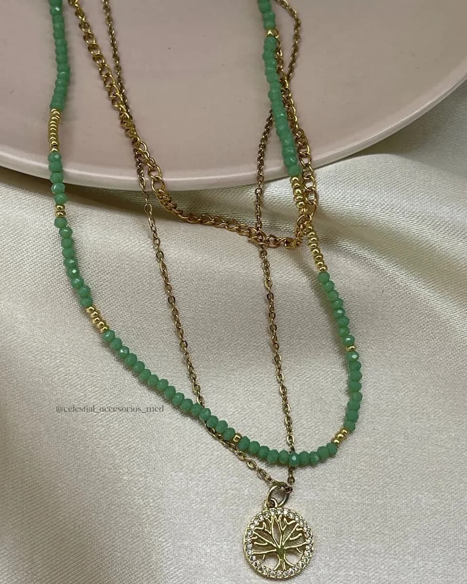 Set cadena doble murano verde y acero, vista principal